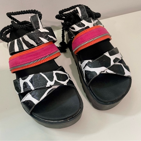 Chunky Platform Mixed Media Sandals With Tie Up Cow Print and Pink Size 8 - Picture 3 of 7